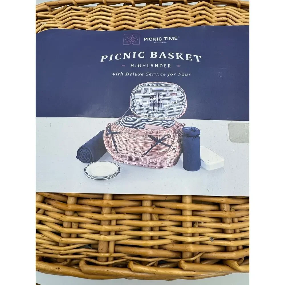 Wicker Picnic Basket with Handle and Navy Accent